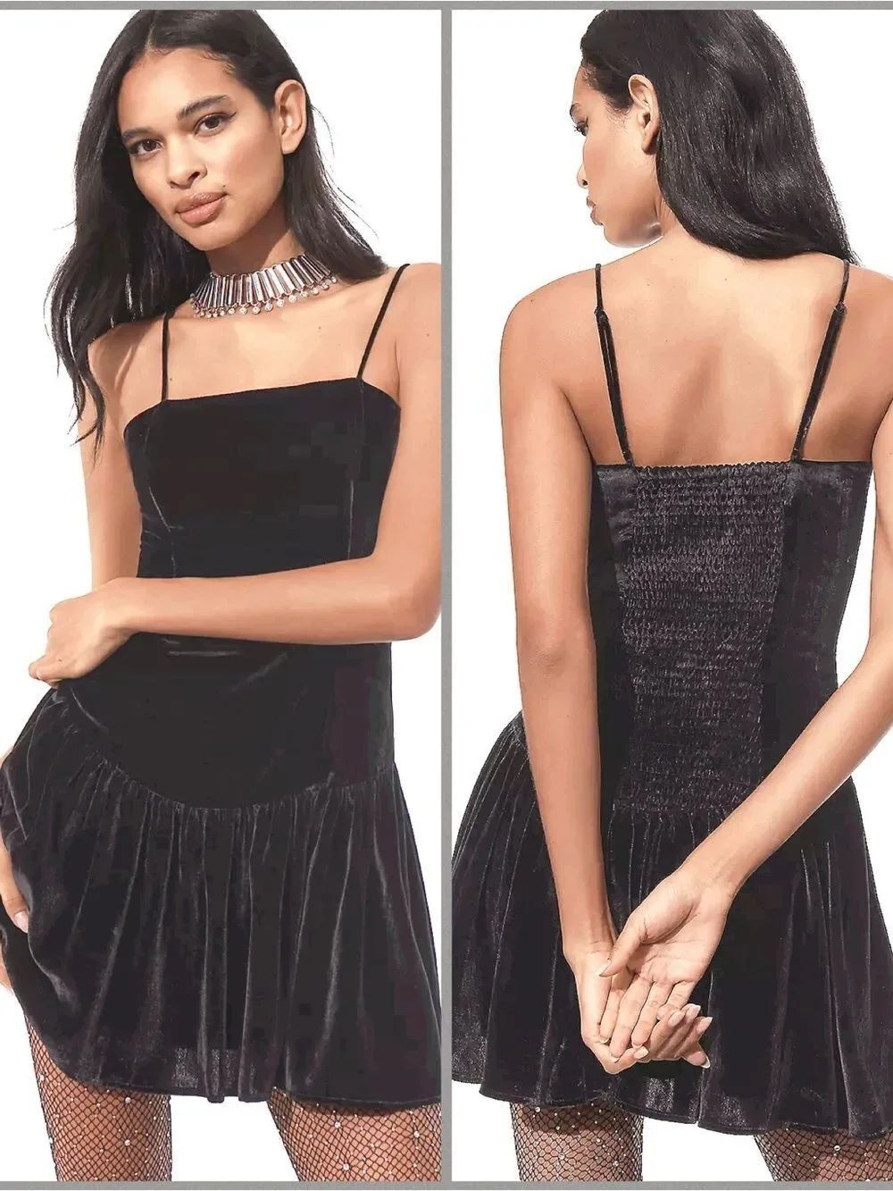 New Anthropologie Drop Waist Black Velvet Mini Dress S adjustable $158 MSRP